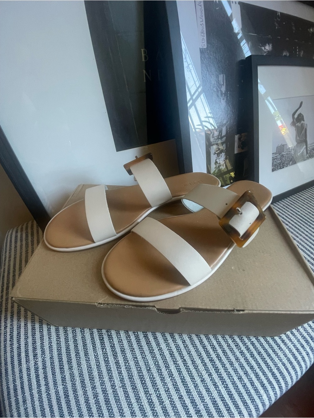 J Crew Cream Double-Strap Slide Sandals with Tortoiseshell Buckle